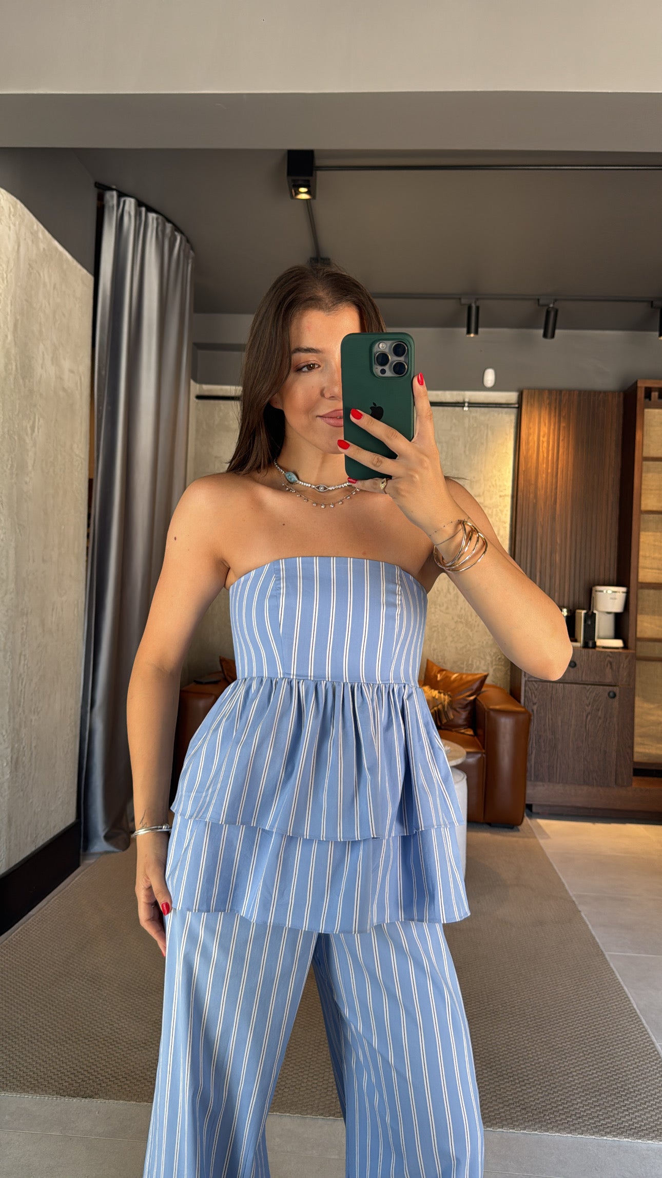 Lined Mavi Straplez Bluz